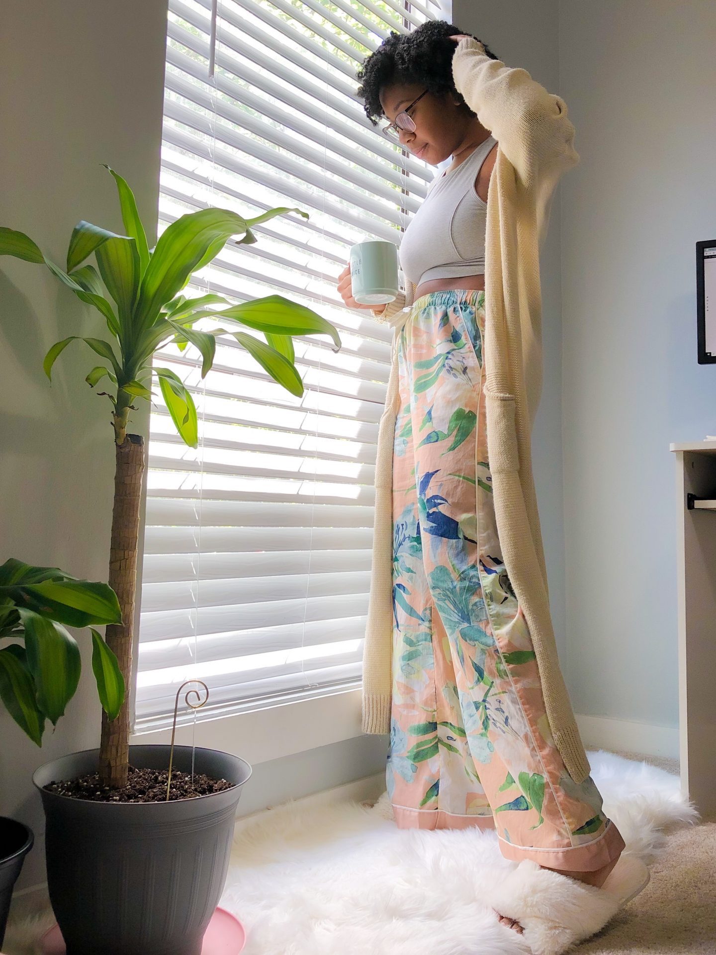 Comfortably enjoying morning tea in the best loungewear combination